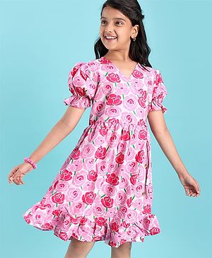 Pine Kids Woven Half Puffed Sleeves Frock with Floral Print - Pink