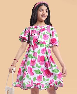 Pine Kids Woven Half Puffed Sleeves Frock with Bow Applique & Floral Print - Pink