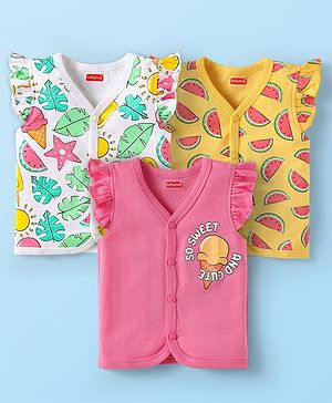 Babyhug 100% Interlock Knit Front Open Frill Sleeves Vests With Tropical Theme Pack Of 3 - Pink White & Yellow