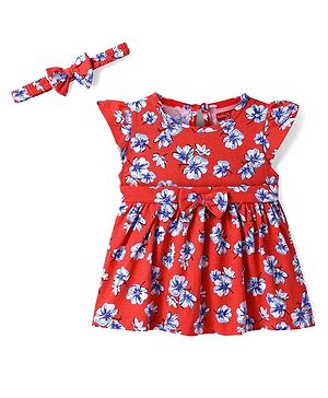 Babyhug Cotton Knit Frill Sleeves Frock & Hair Band with Floral Print & Bow Applique - Red