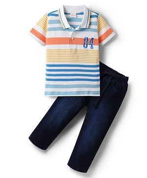 Babyhug Single Jersey Knit Half Sleeves Striped Polo T-Shirt & Denim Jeans Set - Multicolor