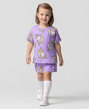 Bonfino Cotton Half Sleeves T-Shirt & Shorts Set With Unicorn Print - Lilac