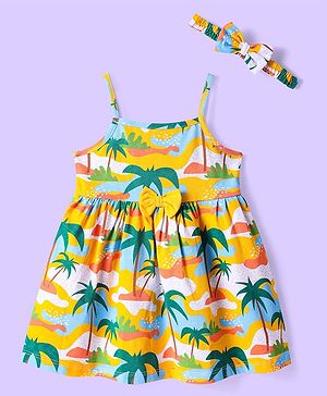 Babyhug Cotton Knit Singlet Sleeves Beach Theme Printed Frock with Headband & Bow Applique - Yellow