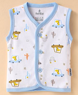 Child World Interlock Knit Sleeveless Jhablas With Vehicle Print - Sky Blue