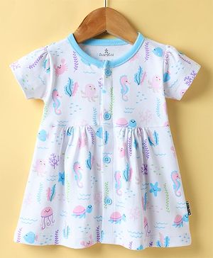 Child World Interlock Knit Half Sleeves Frock With Sea Life Print - Turquoise & White