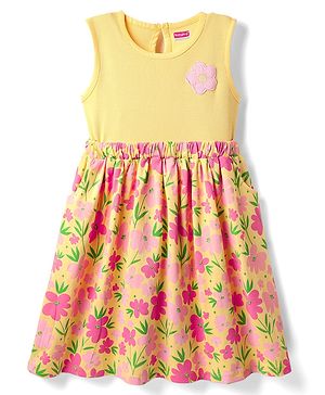 Babyhug Cotton Knit Sleeveless Frock with Floral Print & Patch - Yellow