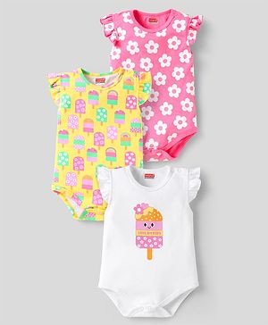 Babyhug 100% Cotton Knit Frill Sleeves Onesies With Popsicle & Floral Print Pack Of 3 - Pink Yellow & White