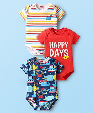 Babyhug 100% Cotton Knit Half Sleeves Onesies With Text Graphics Pack Of 3 - Blue Red & White
