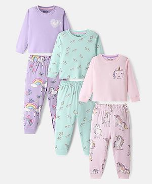 Bonfino 100% Cotton Knit Full Sleeves Night Suits with Unicorn Print Pack of 3 - Pink Light Blue & Lavender