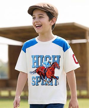 Pine Kids Cotton Knit T-Shirt With Half Raglan Sleeves & High Spirit Text Print - White