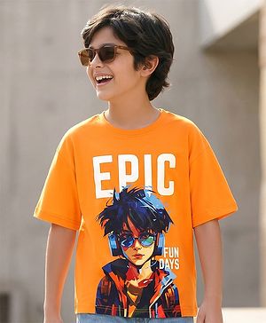 Pine Kids Cotton Knit Half Sleeves T-Shirt with Text Print - Orange