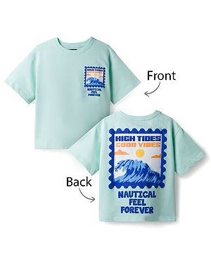 Pine Kids Cotton Knit Half Drop Shoulder Sleeves T-Shirt with Front & Back Nautical Theme Print - Sea Green