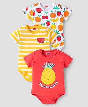 Babyhug 100% Cotton Half Sleeves Onesies With Stripes & Fruit Print Pack of 3 - Red Yellow & White