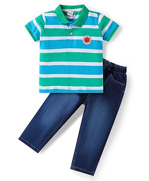 Babyhug Single Jersey Knit Half Sleeves Striped Polo T-Shirt & Denim Jeans Set with Patch Detailing - Blue & Light Green