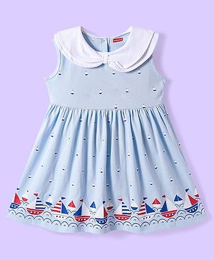 Babyhug Cotton Knit Sleeveless Frock with Boat Print - Light Blue