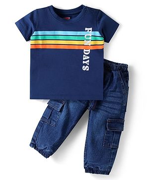 Babyhug Single Jersey Knit Half Sleeves T-Shirt & Denim Joggers Set with Text Print & Stripes - Navy Blue