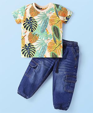 Babyhug Single Jersey Knit Half Sleeves T-Shirt & Denim Jeans Set With Leaf Print - White & Blue