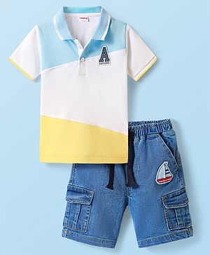 Babyhug Single Jersey Knit Half Sleeves Polo Cut & Sew T-Shirt & Denim Shorts Set with Text & Ship Patch - Blue & White