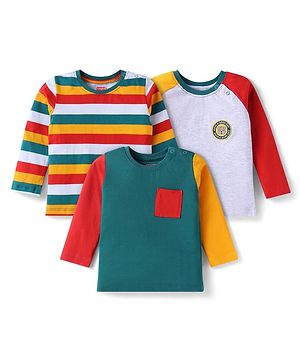 Babyhug Cotton Knit Full Sleeves T-Shirts with Stripes & Patch Detailing Pack of 3 - Multicolor