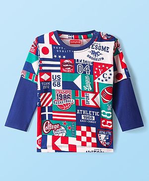 Babyhug Cotton Knit Full Doctor Sleeves T-Shirt With Sports Theme Print - Navy Blue