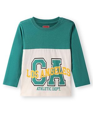 Babyhug Cotton Knit Full Sleeves Cut & Sew T-Shirt with Text Print - Teal Blue & Cream