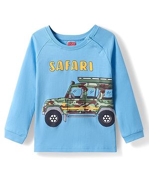 Babyhug Cotton Knit Full Raglan Sleeves T-Shirt With Car Print - Light Blue