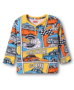 Babyhug Cotton Knit Full Sleeves Henley Neck T-Shirt with Vehicle Print - Yellow & Blue