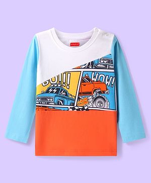 Babyhug Cotton Knit Full Sleeves Cut & Sew T-Shirt with Car Print - Orange & Light Blue