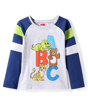 Babyhug Cotton Knit Full Raglan Sleeves T-Shirt With Animal & Alphabet Print - Light Grey & Navy Blue