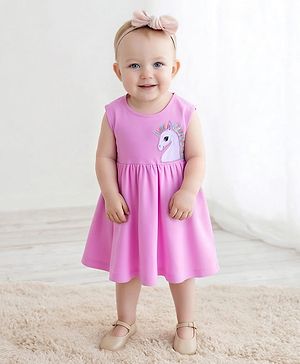 Bonfino 100% Cotton Knit Sleeveless Dress With Unicorn Embroidery & Bloomer - Pink