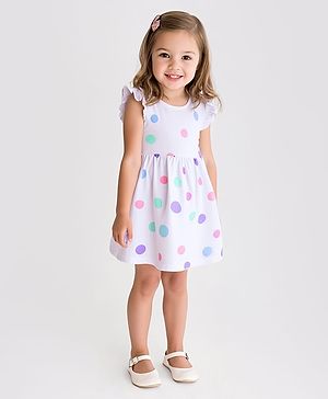 Bonfino Cotton Knit Frill Sleeves Frock & Bloomer With Polka Dot Print - White & Pink