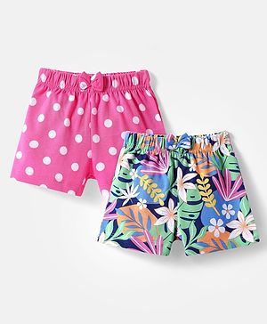 Babyhug Cotton Knit Mid Thigh Length Shorts with Polka Dots & Floral Print Pack of 2 - Dark Pink