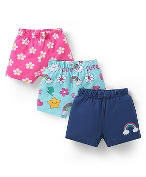 Babyhug Cotton Single Jersey Knit Mid Thigh Floral & Rainbow Printed Shorts with Bow Applique Pack of 3 - Pink Light & Navy Blue