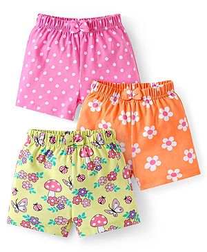 Babyhug Single Jersey Knit Mid Thigh Shorts Floral Print Pack of 3 - Pink Yellow & Orange