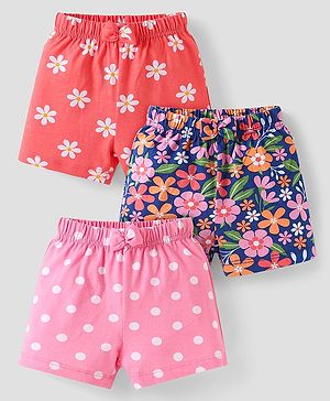 Babyhug Single Jersey Knit Mid Thigh Shorts Floral Print Pack of 3 - Pink Navy & Orange
