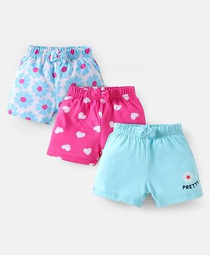 Babyhug Cotton Knit Mid Thigh Shorts with Floral & Heart Print with Bow Applique Pack of 3 - Pink & Light Blue