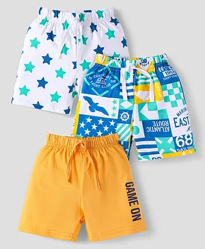 Babyhug Cotton Knit Mid Thigh Length
                              Shorts with Stars & Text Print Pack of
                              3 - Blue Yellow & White