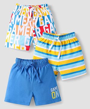 Babyhug Cotton Knit Mid Thigh Length Shorts with Stripes & Text Print Pack of 3 - Blue & White