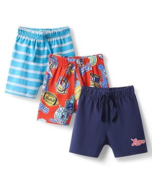 Babyhug Single Jersey Knit Mid Thigh Shorts With Text Print Pack of 3 - Red Light & Navy Blue