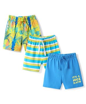 Babyhug Cotton Knit Mid Thigh Shorts with Tropical Theme Print & Stripes Pack of 3 - Multicolor