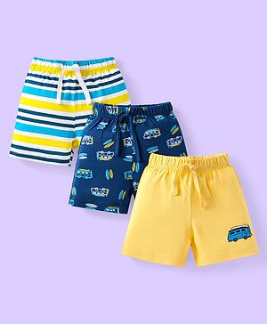 Babyhug Cotton Knit Mid Thigh Length Shorts with Stripes & Vehicle Print Pack of 3 - Blue & Yellow
