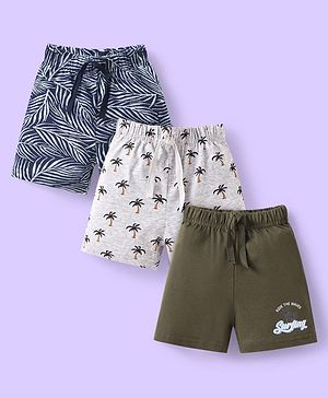 Babyhug Single Jersey Knit Mid Thigh Shorts with Tropical & Text Print Pack of 3 - Black & Grey