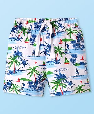 Babyhug Cotton Knit Mid Thigh Length Shorts with Beach Theme Print - White
