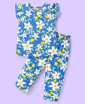 Babyhug Cotton Knit Frill Sleeves Co-ords Night Suit with Floral Print - Blue
