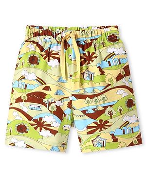 Babyhug Cotton Knit Mid Thigh Length Shorts with Landscape Print - Light Green