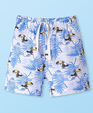 Babyhug Single Jersey Knit Mid Thigh Shorts With Bird & Leaf Print - White