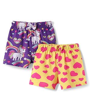 Babyhug Single Jersey Knit Mid Thigh Length Shorts with Unicorn & Hearts Print Pack of 2 - Yellow & Purple