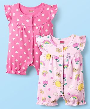 Babyhug 100% Cotton Knit Frill Sleeves Romper with Heart & Floral Print Pack of 2 - Pink & Dark Pink