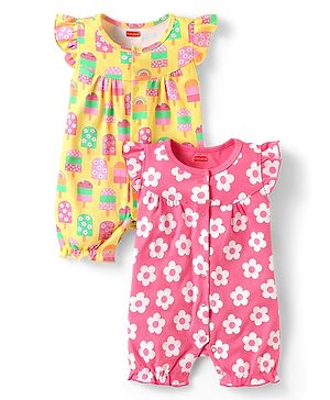 Babyhug Interlock Knit Frill Sleeves Romper With Floral & Tropical Print Pack of 2 - Pink & Yellow