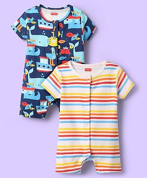 Babyhug 100% Cotton Knit Half Sleeves Romper with Stripes & Nautical  Print Pack of 2 - Navy Blue & White